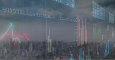 Wall Mural - Showing financial bar, line and pie charts with scrolling numeric tickers over blurred city skyline