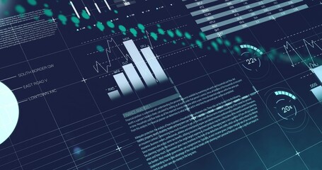 Wall Mural - Displaying data dashboard on grid plane with bar charts line graph gauges data table annotations