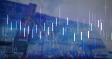 Wall Mural - Showing candlestick chart overlaying glass highrise exterior with data labels and orange line graph