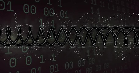 Wall Mural - flowing white dotted waveform across digital field, with white data blocks and green binary digits