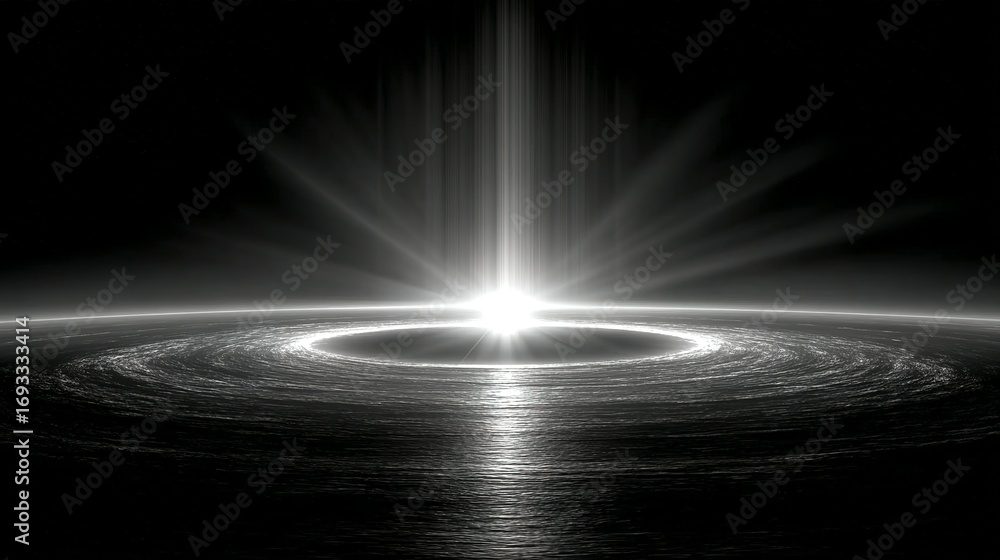 Bright light emanating from a central point with radiating beams and ...