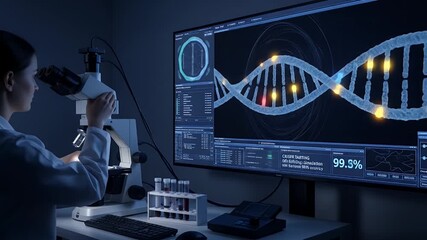 Scientist using microscope with DNA display on computer