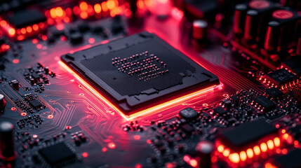 Illuminated CPU on Circuit Board in Red Light