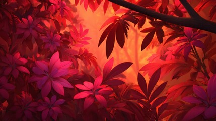 Wall Mural - Vibrant foliage in a mystical forest at sunset, with warm hues illuminating the scene