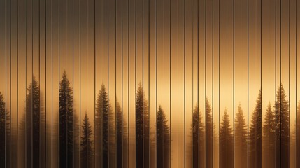 Wall Mural - Ethereal forest silhouette at sunset with vertical lines creating a dreamy, abstract atmosphere