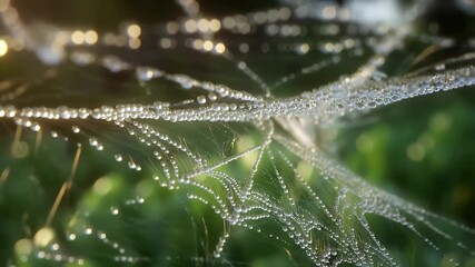 Delicate Spiderweb Glistening with Sparkling Morning Dew Drops in a Lush Green Garden.