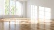 © Matthew - Bright and airy empty room with wooden flooring, large windows letting in natural light, and soft shadows