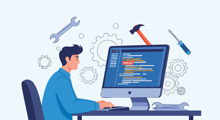 A male programmer fixing a system error on a computer while surrounded by tools and gears.