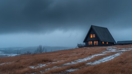 Wall Mural - A serene mountain cabin at dusk with glowing windows, surrounded by misty hills and a winding path