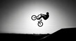 © udin - Silhouette of a freestyle bmx rider performing an aerial trick in black and white under the bright