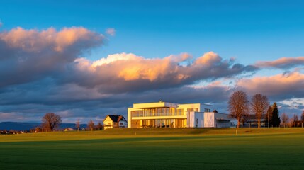Wall Mural - Modern architectural house bathed in sunset light, surrounded by green fields and dramatic clouds