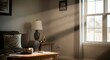 © phj.domingos - Sunlight streams through a window, casting dramatic shadows across a cozy living room with a sofa, a lamp, and a coffee table, creating a warm and inviting atmosphere