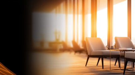 Wall Mural - Modern lounge area with elegant chairs bathed in sunset light, showcasing a tranquil atmosphere