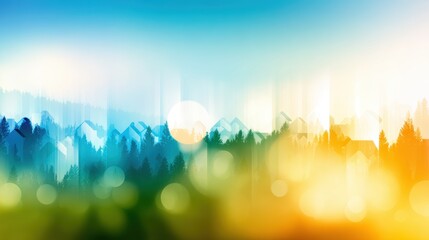 Wall Mural - Abstract landscape with blurred houses and vibrant colors, evoking a serene atmosphere in nature