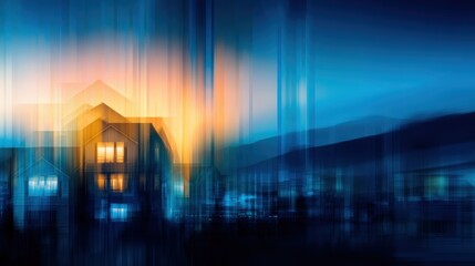 Wall Mural - Abstract depiction of illuminated houses at dusk with blurred colors and mountain backdrop, evoking tranquility
