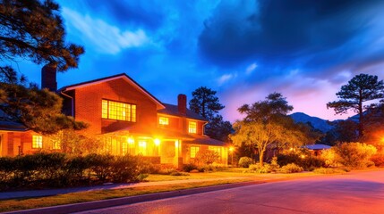 Wall Mural - Cozy suburban home illuminated at dusk with vibrant sky and lush greenery in the background