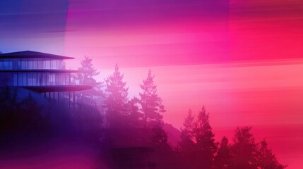 Wall Mural - Modern architectural structure amidst vibrant pink and purple sunset over a forest landscape