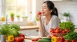 © True Stock - Healthy Asian Woman Preparing Fresh Vegetable Salad in Kitchen