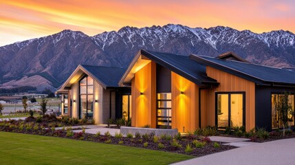 Wall Mural - Modern homes with stunning mountain backdrop at sunset, showcasing vibrant colors and serene landscape