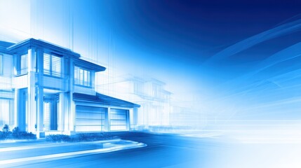 Modern architectural design of a residential building with a sleek blue aesthetic and dynamic background