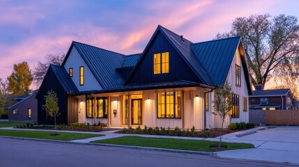 Wall Mural - Modern residential home with large windows at sunset, showcasing a vibrant sky and landscaped yard
