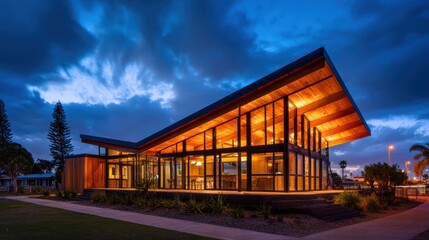 Wall Mural - Modern architectural design of a house illuminated at dusk with dramatic cloud formations in the background