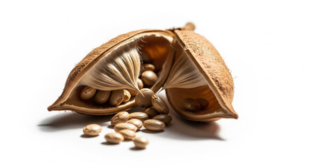 Opened Cacao Pod Revealing Fresh Beans Inside on Isolated transparent background