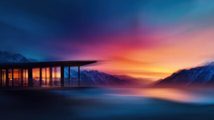 Wall Mural - Modern architectural structure overlooking a serene lake at sunset with vibrant colors and mountains