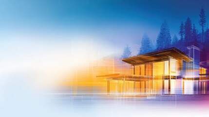 Wall Mural - Modern architectural design of a house surrounded by trees with a colorful gradient background