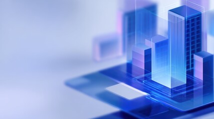 Abstract representation of a futuristic cityscape with translucent buildings on a digital interface background