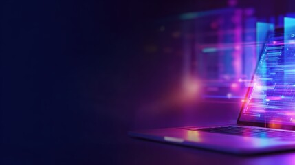 Modern laptop displaying vibrant digital data visualization against a dark background