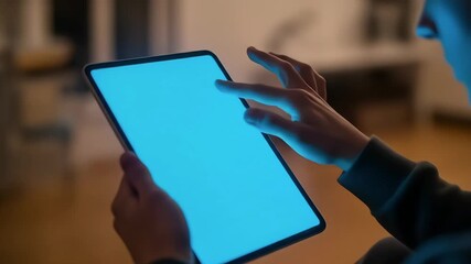 Person using a tablet with a glowing blue screen in a cozy setting.
