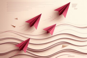 Illustration of flying paper airplanes, simple geometric design with white space for text