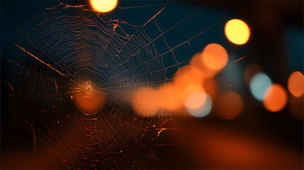 Close-up of a spider web with blurred lights in the background