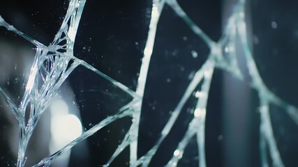 Close-up shot of shattered glass with intricate cracks and sharp edges against a dark, blurred background, creating a sense of fragility and damage.