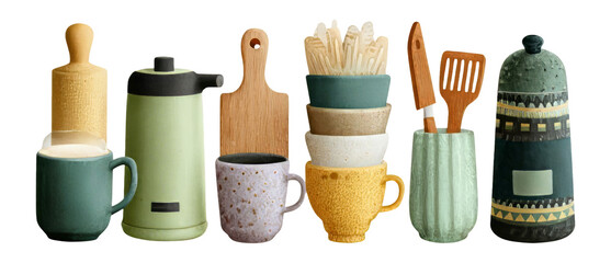 Colorful Kitchen Objects Isolated on Transparent Background for Creative Use