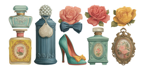 Vintage Decorative Objects with Flowers, Perfume Bottles, and High Heel Shoe Art