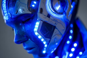Futuristic cyborg face with glowing blue light illuminating the high-tech design, perfect for AI and technology concepts