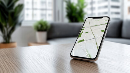 Close up of smartphone displaying GPS map on wooden table in modern living room