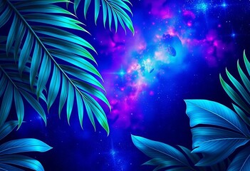 Wall Mural - Vibrant blue tropical leaves float against a cosmic backdrop,  color, texture