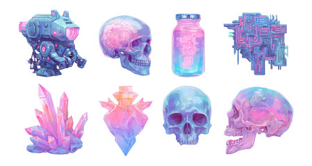 Colorful Illustrations of Fantasy Objects Including Skulls, Jars, and Crystals