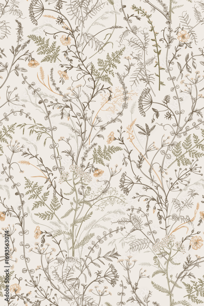Elegant botanical seamless pattern with delicate wildflowers and herbs ...