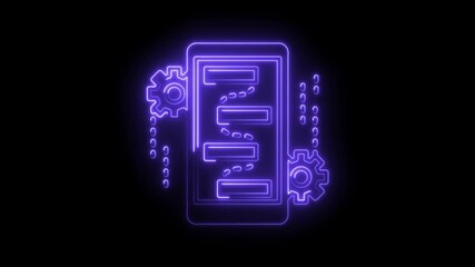 Neon mobile app workflow with gears on black background animation concept