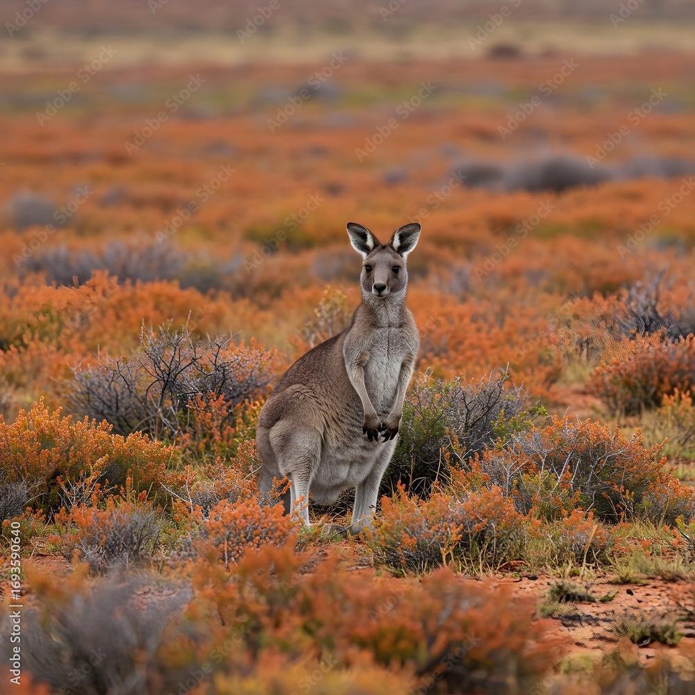 Western Grey Kangaroo standing gracefully among native saltbush shrubs ...