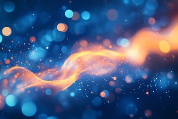 Abstract blurred background with blue and orange bokeh lights and flowing shapes.
