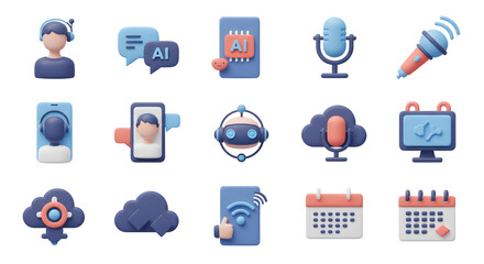 Modern 3D icon pack featuring concepts of AI, online meetings, cloud computing, and virtual assistance for web and app design