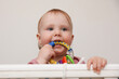 © splitov27 - Little cute baby chewing rattle toy in crib with bumper
