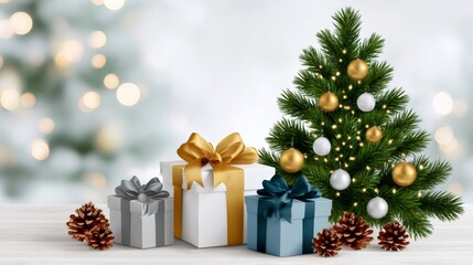 Wall Mural - christmas tree with gift boxes and pine cones is standing on white wooden table