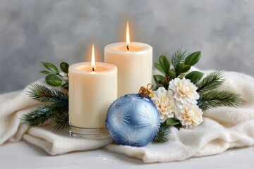 Wall Mural - two burning candles illuminating christmas ornament and white flowers on soft blanket