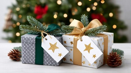 Wall Mural - christmas gifts with golden star tags and fir branches resting on white table